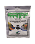 A resealable package of Two Little Fishies Sea Veggies Green Seaweed for fish. The front displays images of colorful fish and product details, including the weight (30g/1 oz) and suitability for tangs and angels.