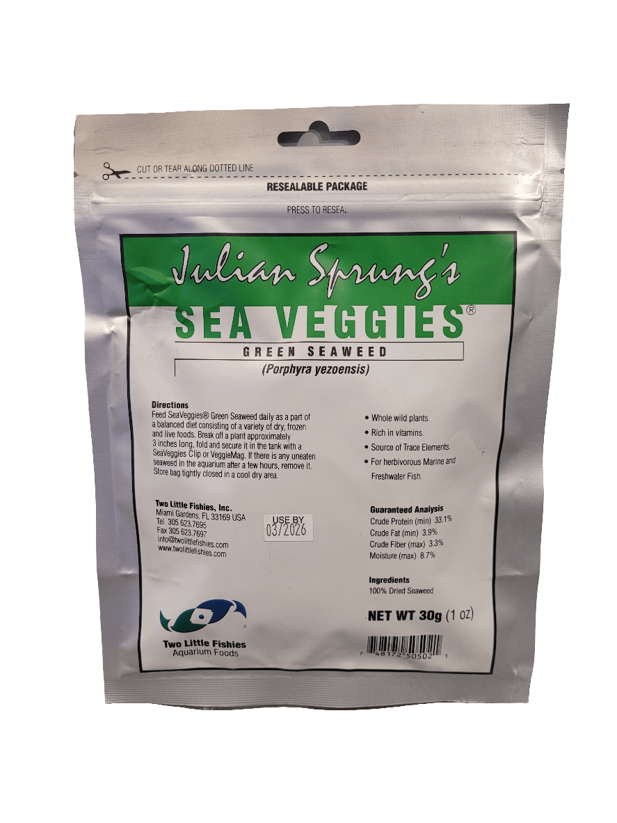 A resealable package of Two Little Fishies Sea Veggies Green Seaweed. The front displays the product name, net weight of 1 oz (30g), and includes directions and nutritional information. Suitable for marine and freshwater fish.