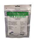 A resealable package of Two Little Fishies Sea Veggies Green Seaweed. The front displays the product name, net weight of 1 oz (30g), and includes directions and nutritional information. Suitable for marine and freshwater fish.