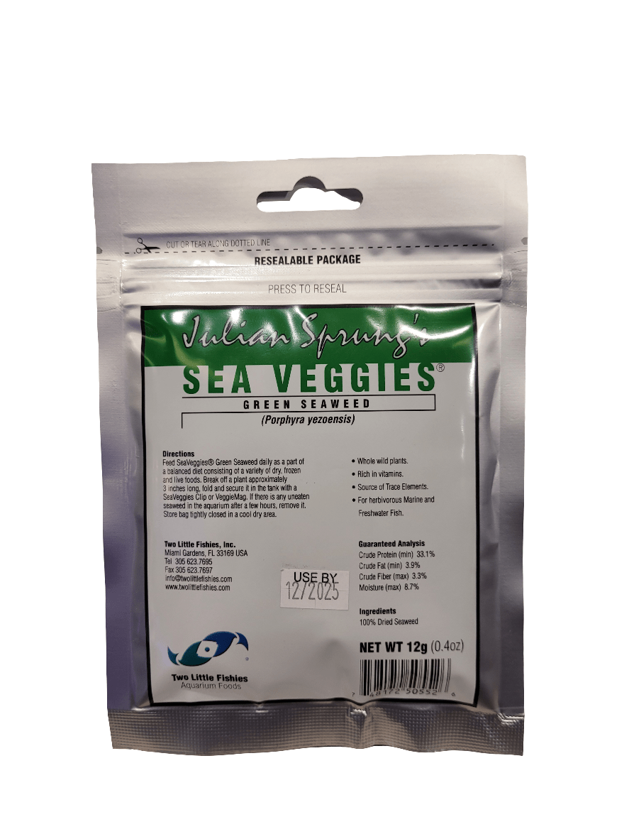 A resealable package of Two Little Fishies Sea Veggies Green Seaweed, Porphyra yezoensis, contains usage instructions, nutritional information, and an expiry date of 12/2025. Net weight: 12g (0.4oz).