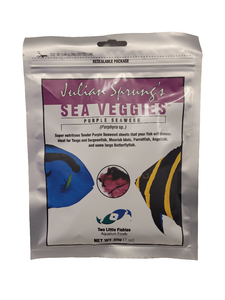 A resealable package of Two Little Fishies Sea Veggies Purple Seaweed. The front showcases images of two fish, highlighting its nutritional benefits for species like Tangs and Angels. The net weight is 30g (1 oz).