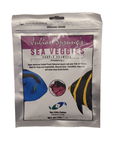 A resealable package of Two Little Fishies Sea Veggies Purple Seaweed. The front showcases images of two fish, highlighting its nutritional benefits for species like Tangs and Angels. The net weight is 30g (1 oz).