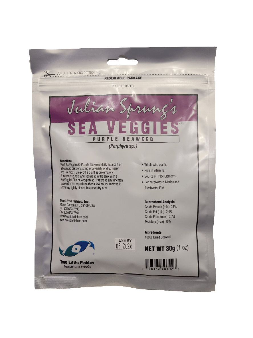 The product, Two Little Fishies - Sea Veggies - Purple Seaweed - 1oz, includes nutritional information, usage directions, and a note on its resealable packaging. The net weight is 30g (1 oz).