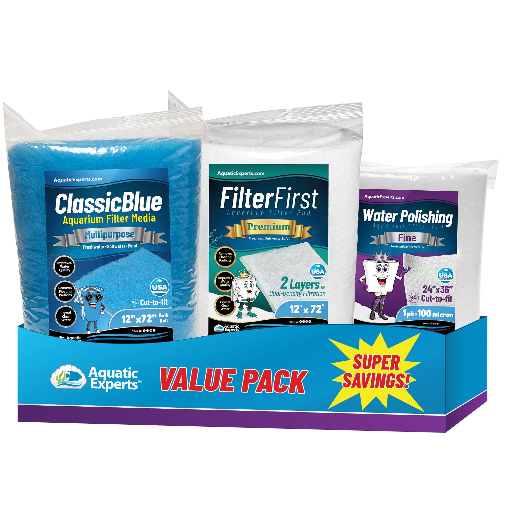 Aquarium Bundle - FilterFirst 12&quot;X72&quot; + ClassicBlue 12&quot;X72&quot; + 100 Micron Polishing Pad Bundle