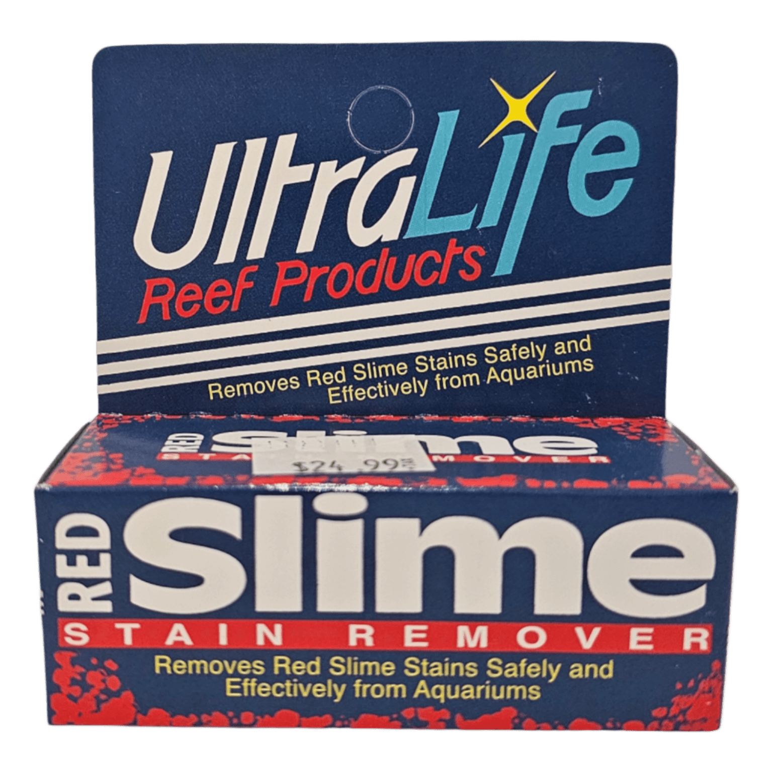 A box of Ultra Life Reef Products' Red Slime Stain Remover is designed to safely and effectively eliminate red slime stains from aquariums, with a price sticker on top displaying $24.99.