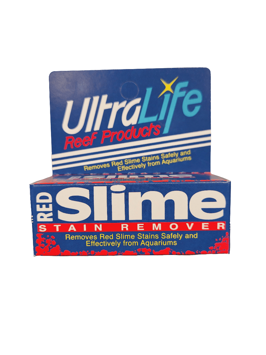 A box of UltraLife - Red Slime Stain Remover, weighing 20g, from the Reef Products line features blue and red packaging with the product name prominently displayed in bold white letters. It is designed to safely eliminate red slime stains from aquariums.