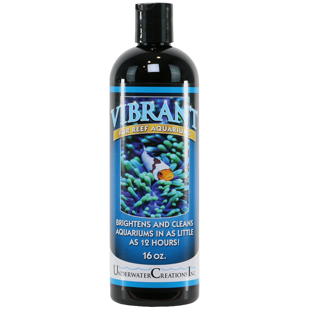 The Underwater Creations Inc. Vibrant 16oz features a clownfish on a reef and promises to brighten and clean both saltwater and freshwater reef aquariums within just 12 hours, ensuring an algae-free experience with its effective liquid aquarium cleaner.