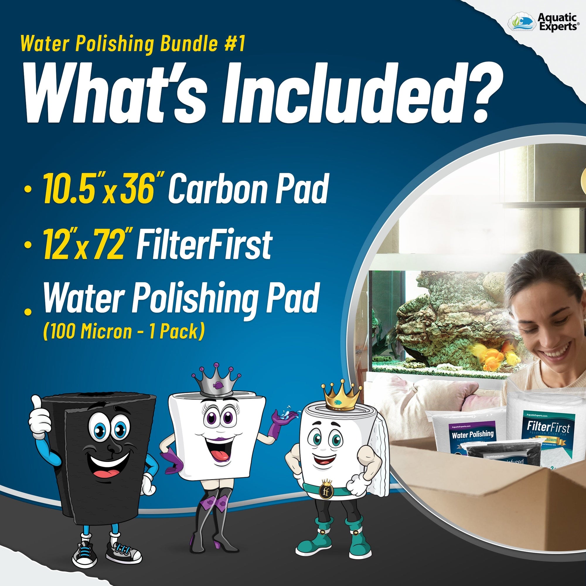 Aquarium Bundle - Carbon Filter 10.5&quot;x36&quot; + FilterFirst 12&quot;x72&quot;+ Polishing Pad 100 Micron Bundle