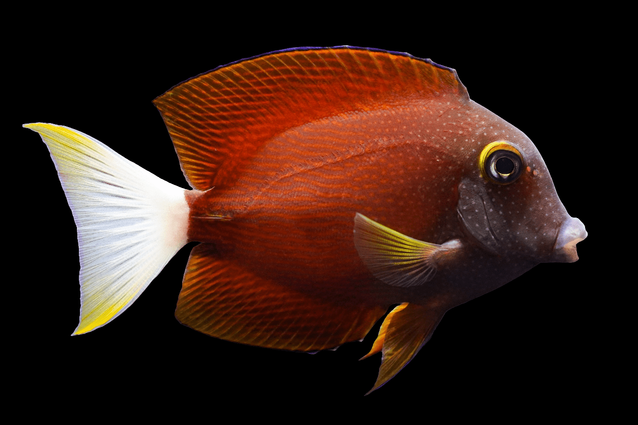 A vibrant orange tang fish, referred to as the White Tail Kohl Tang - Ctenochaetus Flavicauda, showcases its white tail and yellow accents on the fins as it swims against a black background. Its scales display a speckled pattern, and its large, round eyes suggest its origins in Tahiti, South Pacific.