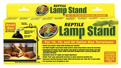 Yellow packaging for the Zoo Med - Reptile Lamp Stand - Small, suitable for 10, 15, and 20-gallon terrariums. It features images of a lamp and reptile tank, emphasizing adjustable lamp height and safety for small terrariums.