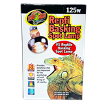 The ZooMed Repti Basking Spot Lamp packaging features an iguana image, emphasizing its 125W bulb and beneficial UV light for reptile well-being. It includes colorful logos and detailed product information, appealing to reptile owners.