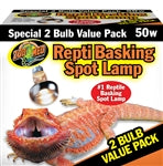 The image features packaging of the 50w ZooMed ReptiBasking Spot Lamp 2-pack, showcasing a special value offer. It includes an image of a reptile, likely a bearded dragon, with its mouth open.