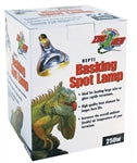 Image of white packaging for ZooMed - Basking Spot Lamp 250w showing a green iguana and the bulb. Text emphasizes its benefits for large size, high temperature maintenance, and quality. Box includes a 250W lamp.