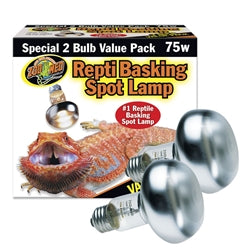 Packaging of ZooMed - ReptiBasking Spot Lamp 2-pack 75w shows two bulbs, features a reptile image, and highlights a Special 2 Bulb Value Pack.