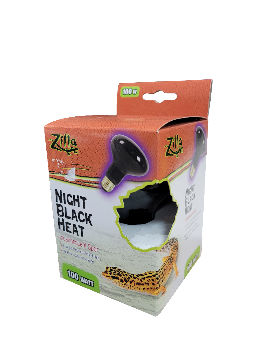 The Zill 100watt Night Black Spot Bulb comes in a box featuring an image of a reptile and the bulb, designed to provide night heat for pets.