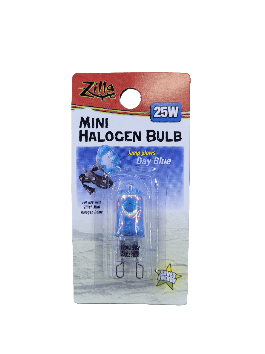 Packaging for a Zilla 25 Watt Halogen Bulb Day Blue. The bulb is clearly visible through a plastic cover, highlighting its compact size. The card features an image of a glowing bulb and specifies its compatibility with the Zilla Mini Halogen Dome.