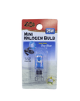Packaging for a Zilla 25 Watt Halogen Bulb Day Blue. The bulb is clearly visible through a plastic cover, highlighting its compact size. The card features an image of a glowing bulb and specifies its compatibility with the Zilla Mini Halogen Dome.