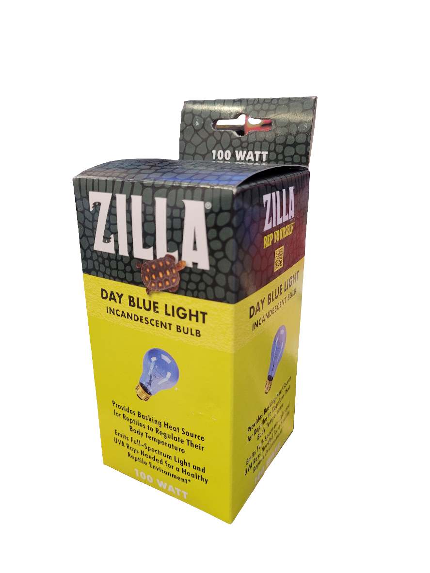 The Zilla Day Blue Bulb - 100 watt provides basking heat for reptile habitats, aiding in body temperature regulation, with packaging featuring a green and yellow design with a reptile texture.