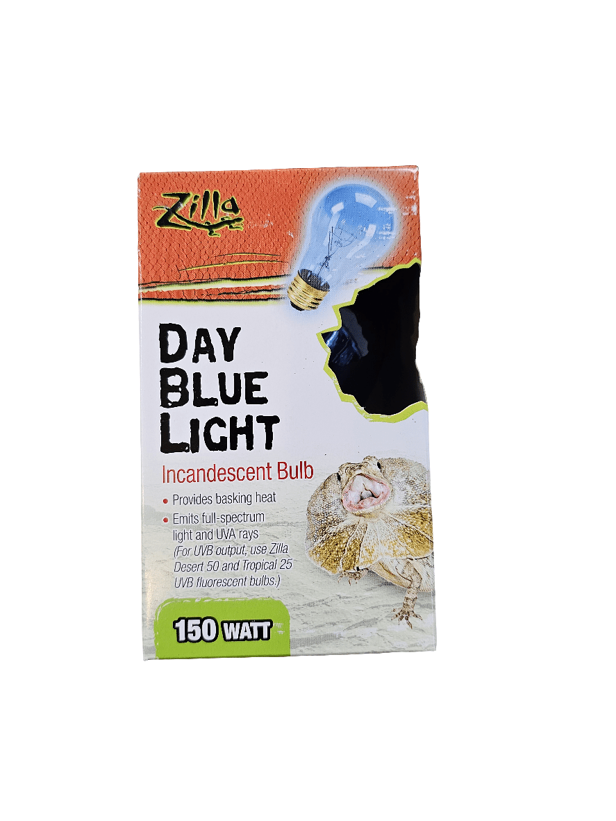 A package for a Zilla Day Blue Light 15 Watt incandescent bulb. The box features an image of a lizard, a light bulb graphic, and information highlighting the bulb's purpose for providing basking heat and full-spectrum light suitable for reptiles.