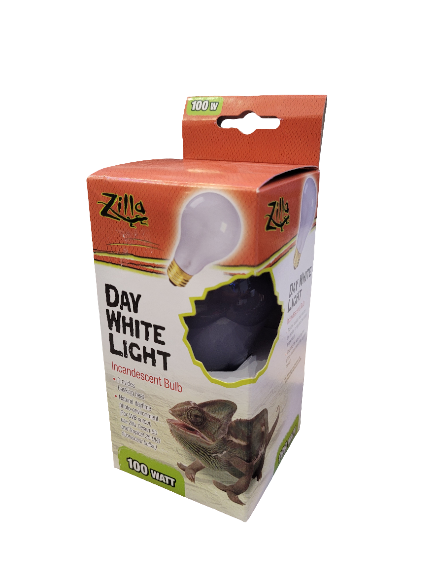 The packaging for the Zilla - Day White Bulb, 100 watt, showcases an image of a light bulb and a chameleon on the front.