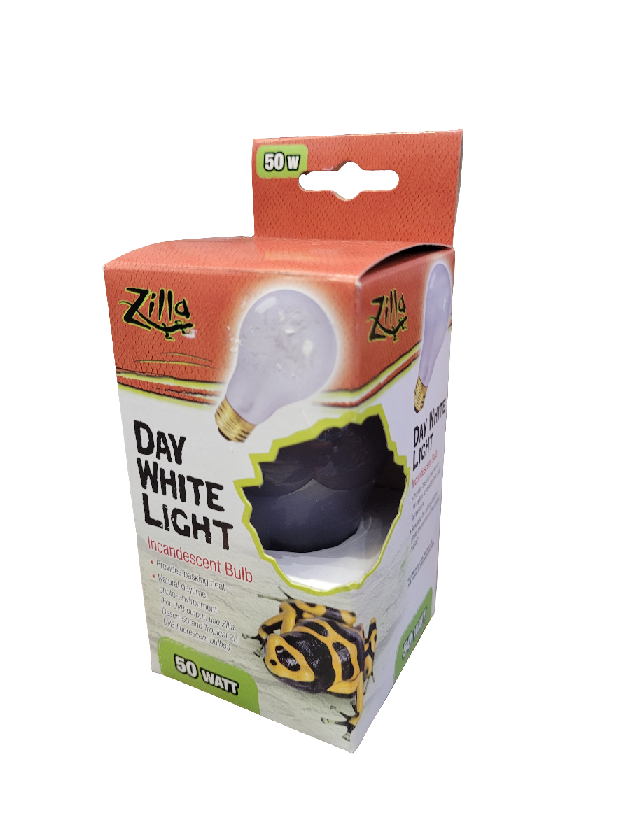 A box of 50-watt Zilla Day White Bulbs, with packaging depicting a light bulb and a reptile.