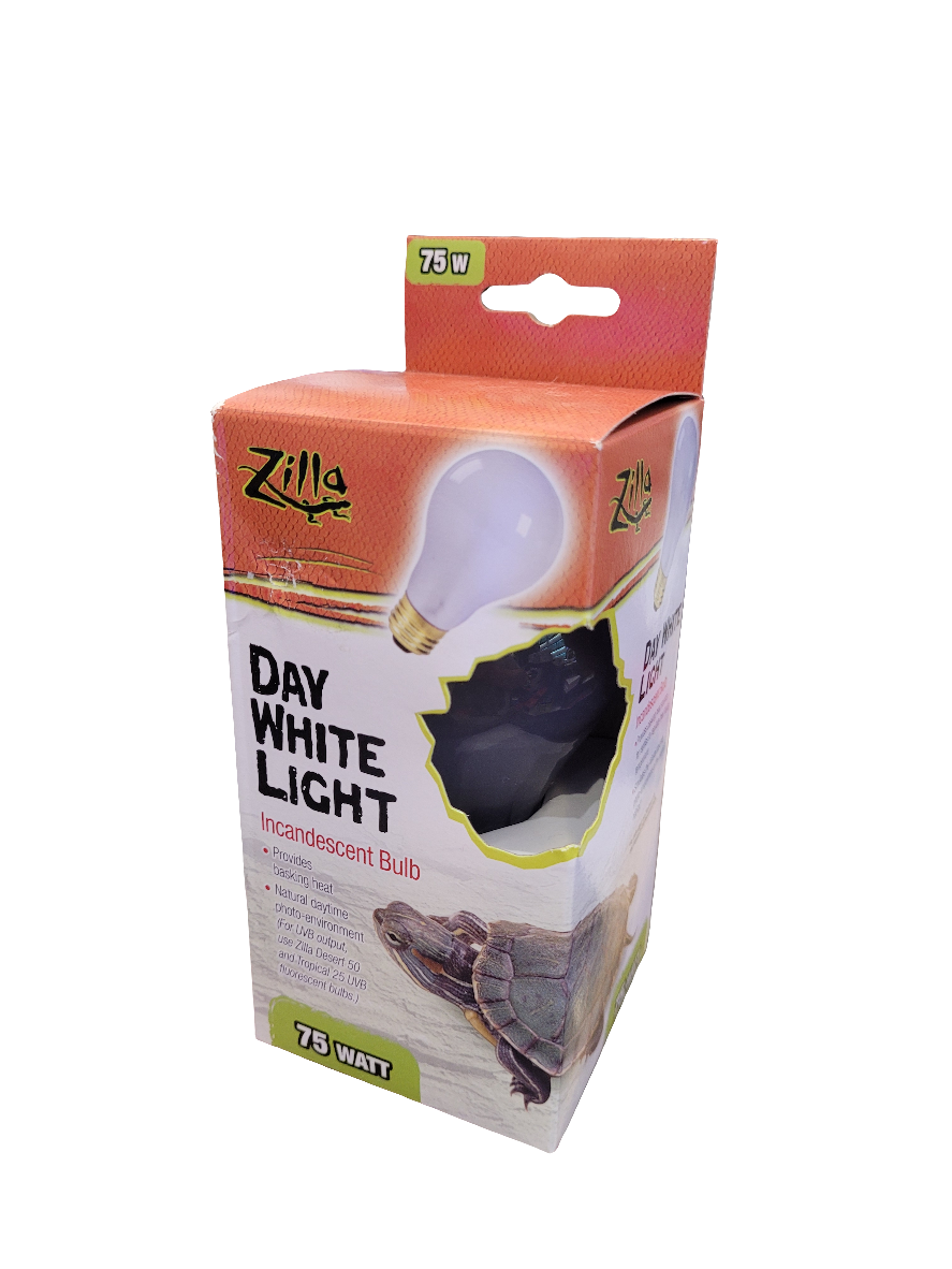 The image displays packaging for a Zilla - Day White Bulb - 75 watt incandescent bulb, featuring a turtle and light bulb graphic along with product details and branding.