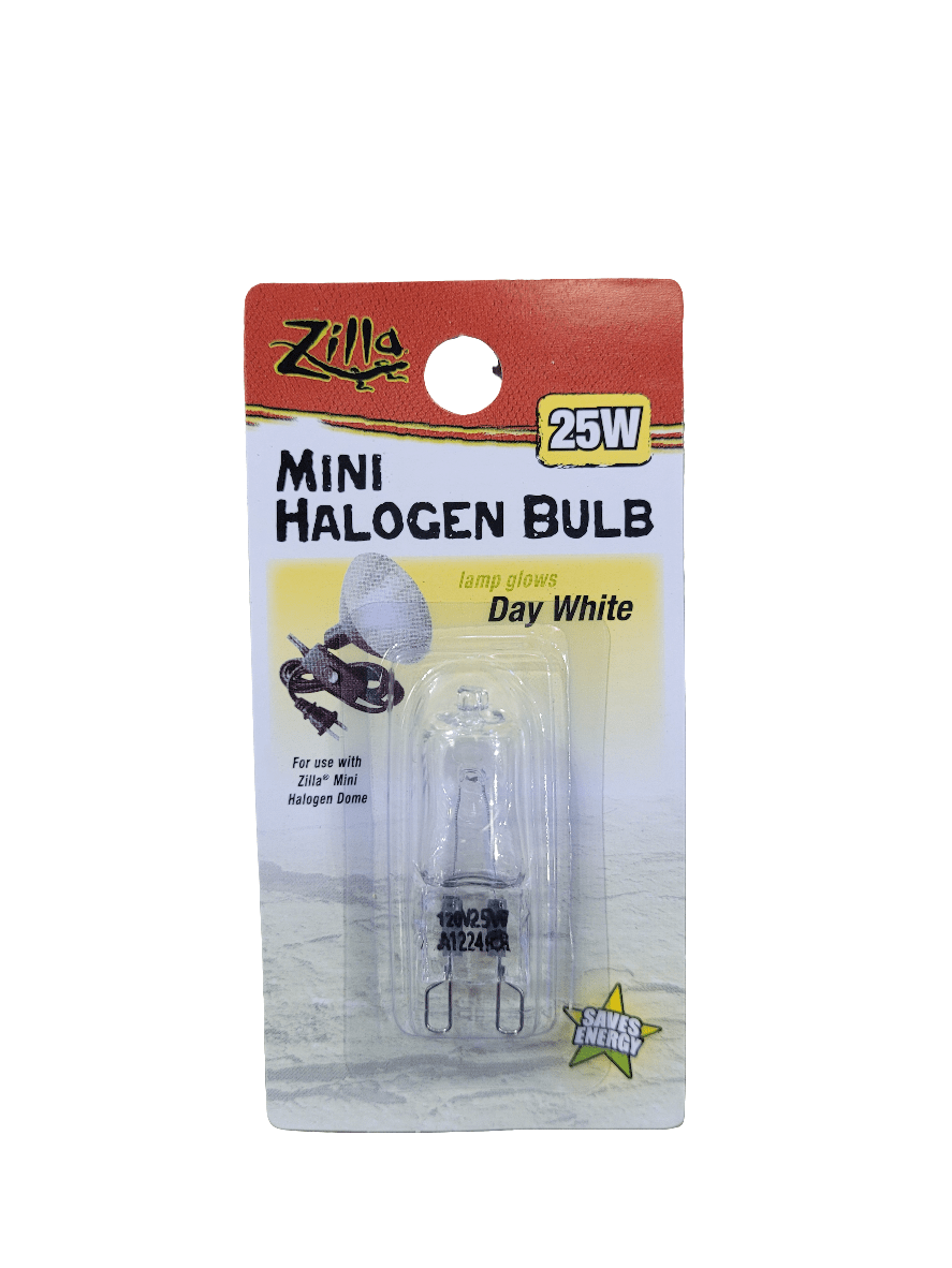 Packaging of a Zilla - Day White Halogen Bulb, 25-watt. The text states that the lamp emits a Day White glow, accompanied by an image of a turtle. Through the transparent plastic packaging, the bulb's compact size is apparent, making it ideal for use with the Zilla Mini Halogen Dome.