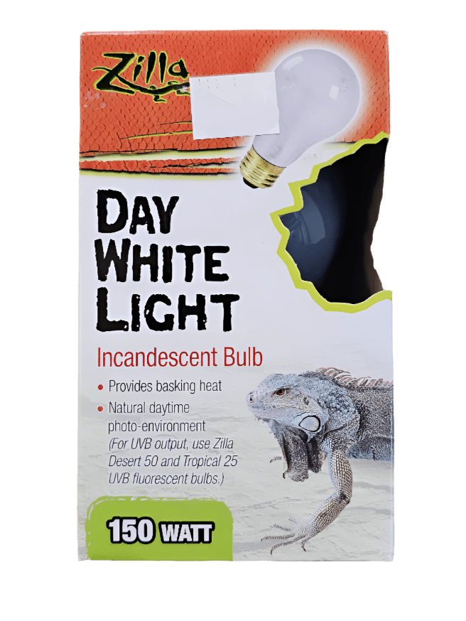 A box of the Zilla Day White Light Incandescent Bulb 150w adorned with an iguana image, emphasizing that the product delivers basking heat and a natural daytime photo-environment.