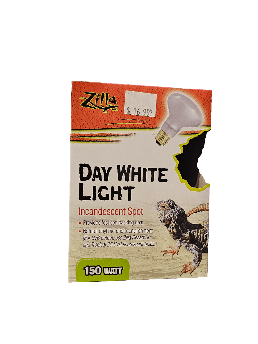 Priced at $16.99, the Zilla Day White Light Incandescent Spot 150-watt bulb provides focused basking heat and enhances the daytime photo-environment for reptiles, such as the featured lizard.