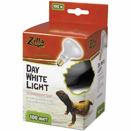 A box of Zilla - Day White Spot 100watt includes an incandescent bulb, with packaging displaying a lizard at the bottom in an orange and white design, along with product details and a picture of the bulb.