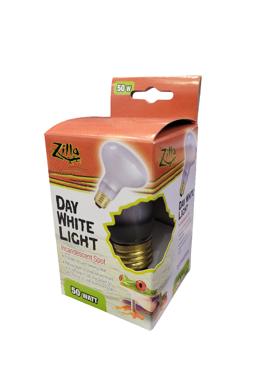 A 50-watt Zilla - Day White Spot Bulb in its orange and green packaging displays images of the bulb and a reptile, noting its ideal for reptiles needing white light.