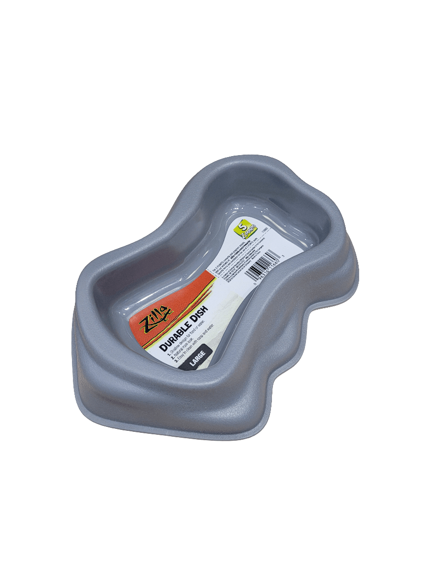 The product is a gray, wavy-edged plastic dish labeled Zilla - Durable Dish - Large. It is designed for pets and features a label with product details inside.