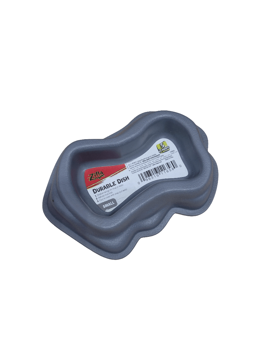 The Zilla - Durable Dish - Small is a gray dish with a wavy shape and textured surface, designed for reptiles. It features care instructions on the label.