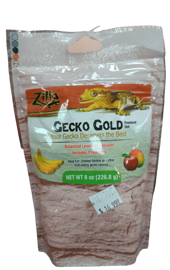 An 8 oz (226.8 g) package of Zilla Gecko Gold powdered diet features images of a gecko, banana, and peach. It emphasizes balanced calcium and protein levels, making it ideal for fruit-eating gecko species. The price is marked at $16.99.