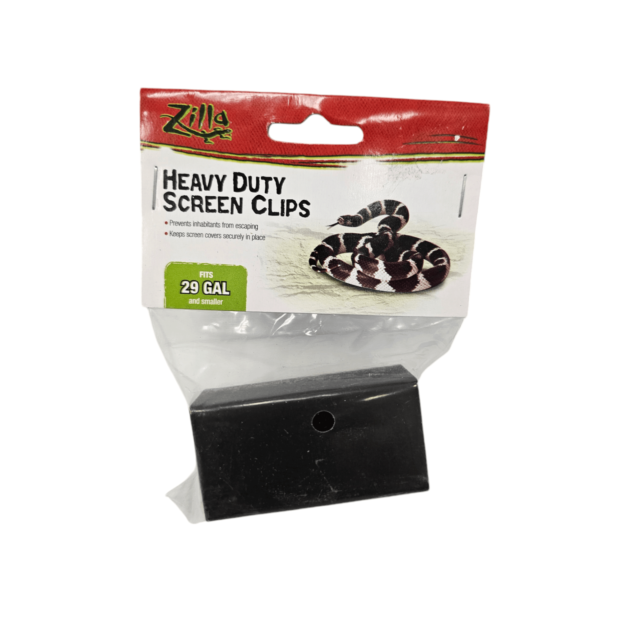 The Zilla Heavy Duty Screen Clip 29-Gallon package, adorned with a snake image, ensures screens are securely fastened and prevents escapes. It is suitable for tanks up to 29 gallons.