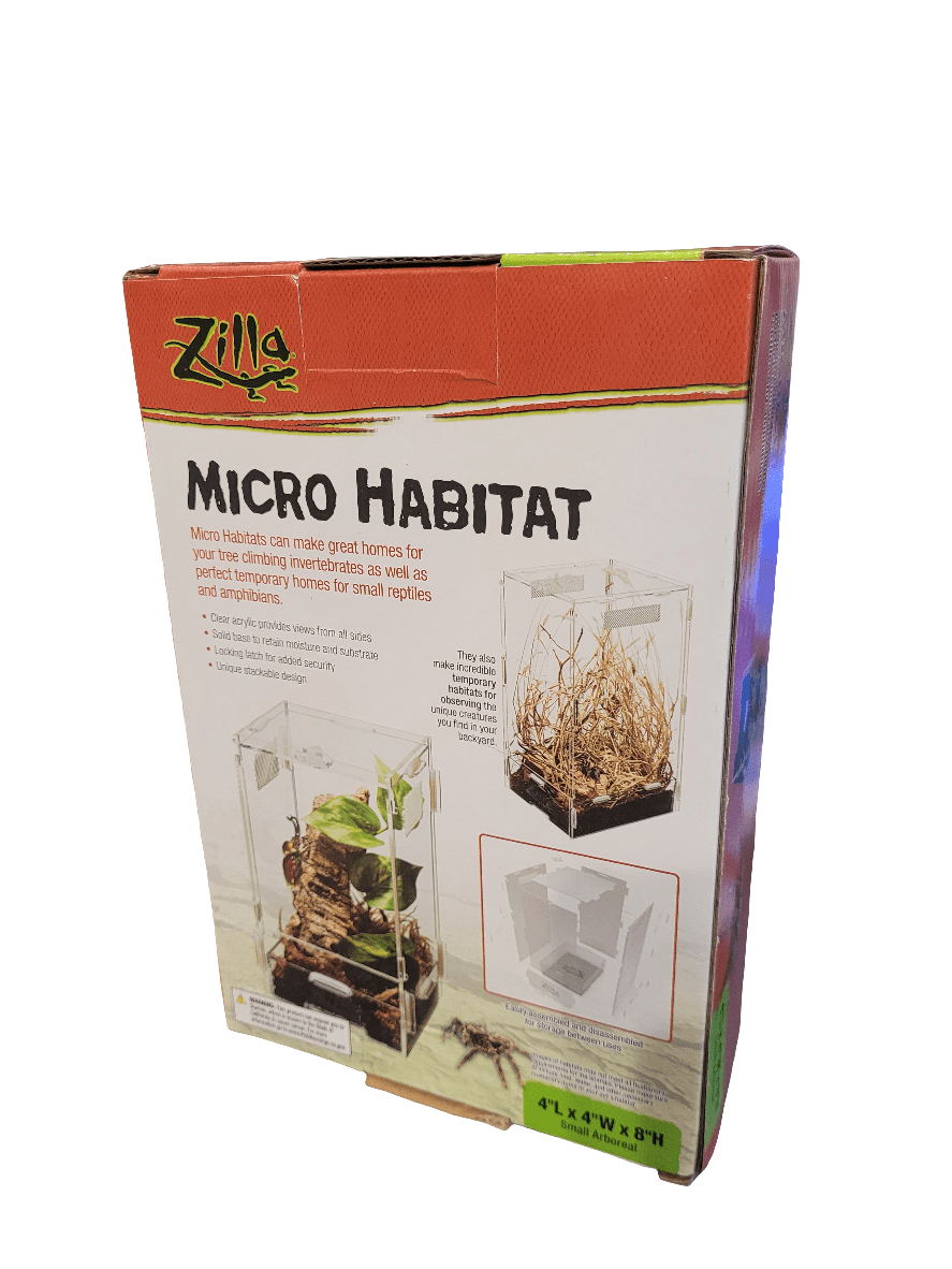 The packaging for the Zilla Micro Habitat - Small Arboreal 4"x4"x8" showcases images of compact terrariums containing plants and natural substrates suitable for reptiles or insects. It also features text highlighting the benefits of this habitat and includes a diagram illustrating the product's dimensions at the bottom.