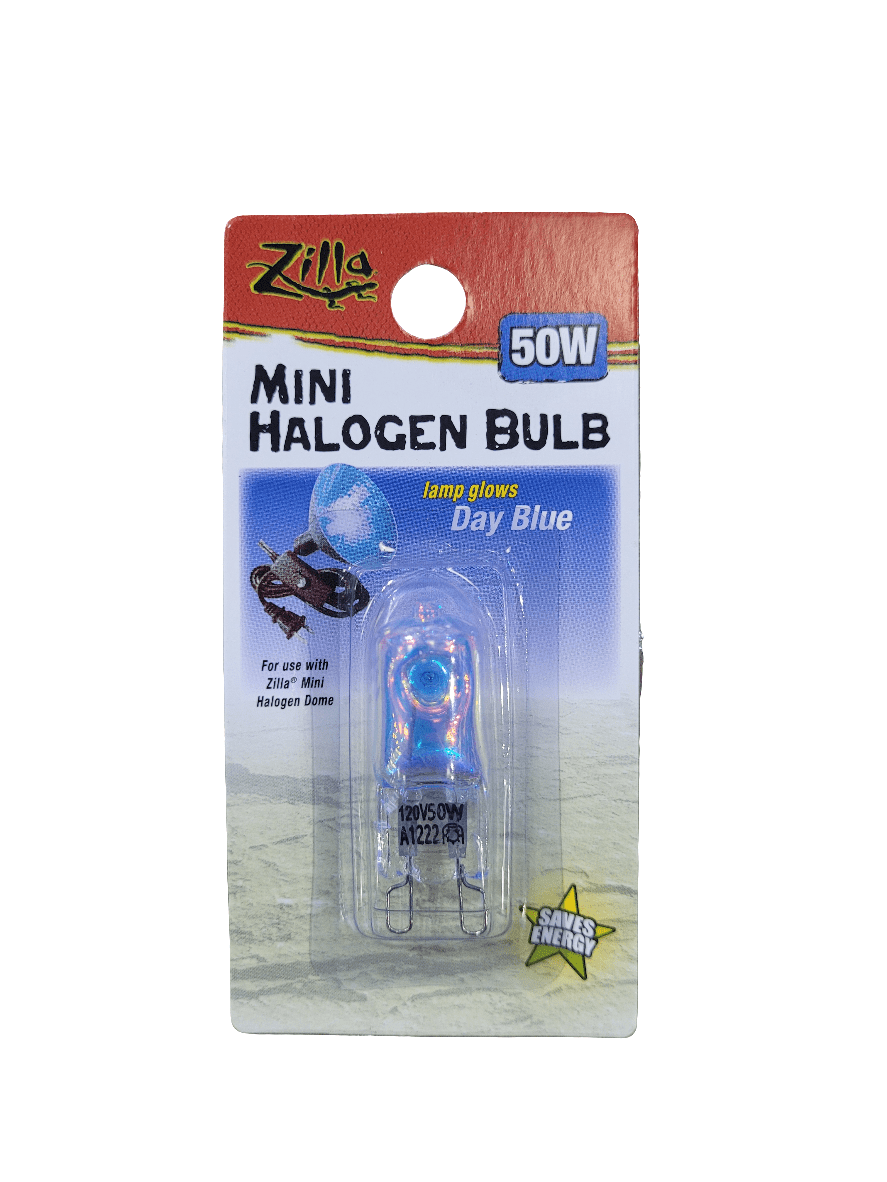 The Zilla- Mini Halogen Bulb - 50watt is packaged in clear wrapping, showcasing the bulb. The label highlights its Day Blue glow and compatibility with the Zilla Mini Halogen Dome. An 'Saves Energy' note is printed in the bottom right corner.