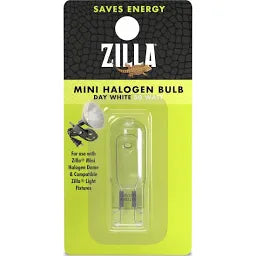 The packaging for the Zilla - Mini Halogen Bulb - Day White 50 watt is green with black text, highlighting its energy-saving feature. The bulb is clearly visible and designed for use with the Zilla Mini Halogen Dome and other compatible Zilla light fixtures.