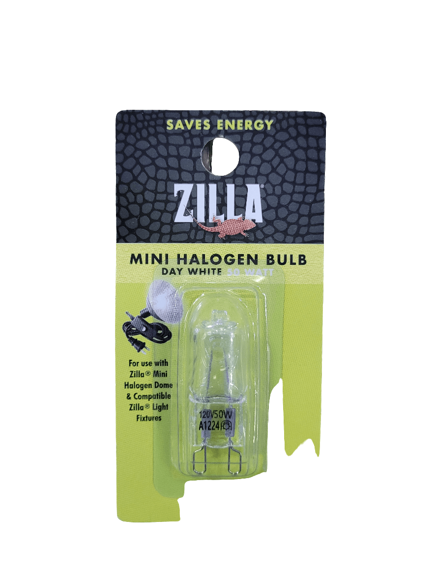 The Zilla Mini Halogen Bulb in day white, 50 watts, is packaged in a green and black design featuring a visible bulb along with graphics of a dome fixture and lizard, highlighting its energy-saving benefits.