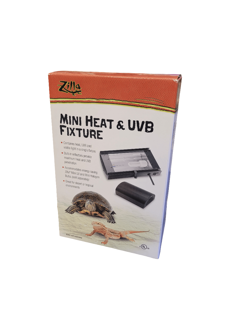 The packaging for the Zilla - Mini Heat & UVB Fixture showcases an image of a turtle. The orange and white box emphasizes features like energy-saving UVB and heat, while also promoting its suitability for desert reptiles.