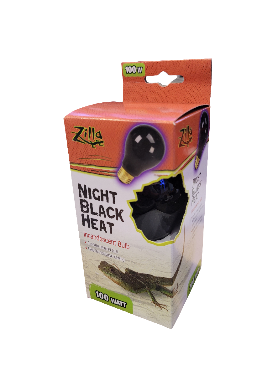 The Zilla - Night Black Heat Bulb box is orange and green, features a lizard image at the bottom, and promotes a 100-watt bulb for reptile habitats.