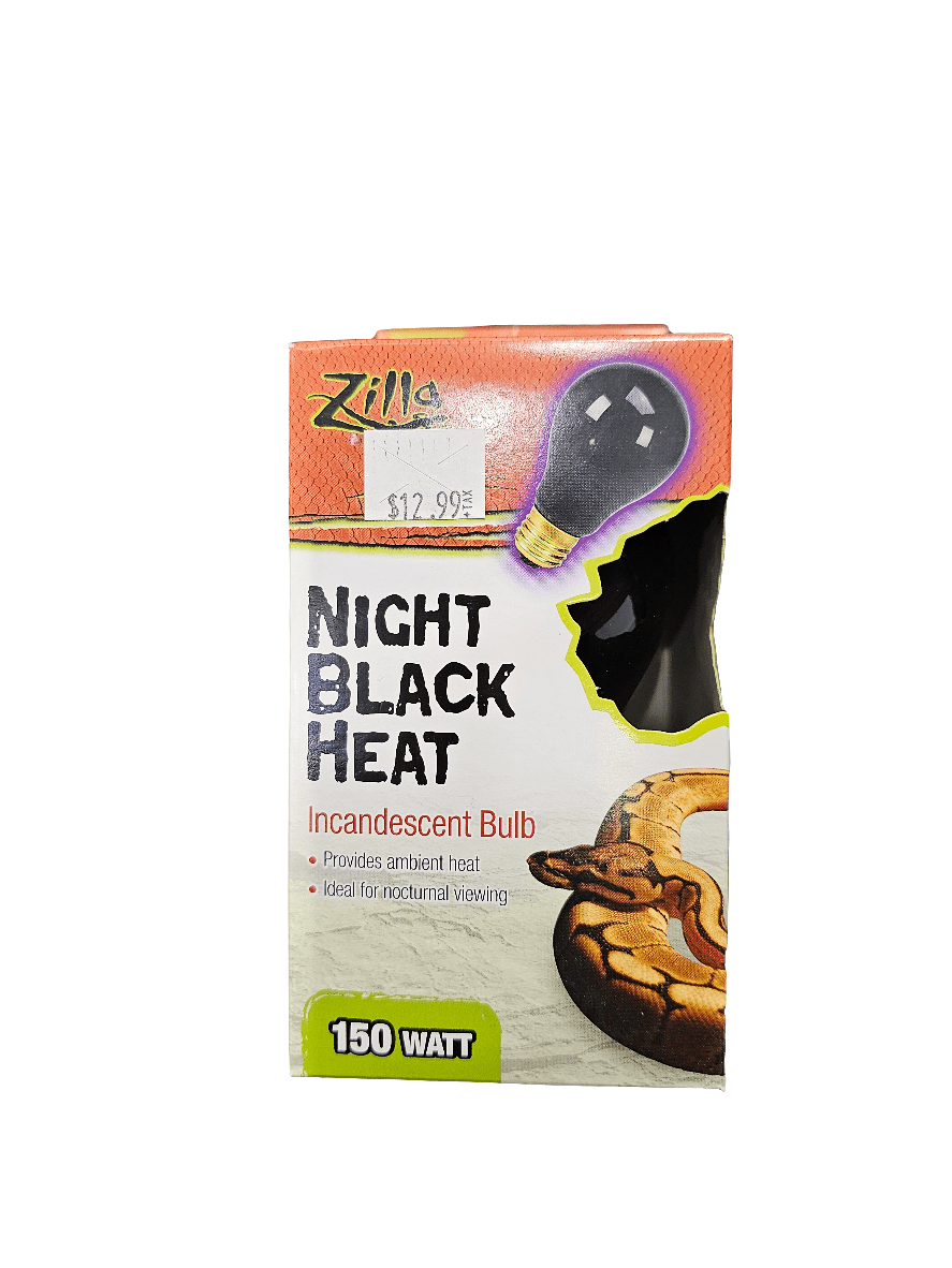 Packaging of the Zilla Night Black Heat incandescent bulb, 150 watt. The predominantly white box features orange and green accents, along with an image of a snake on a rock. It is priced at $12.99.