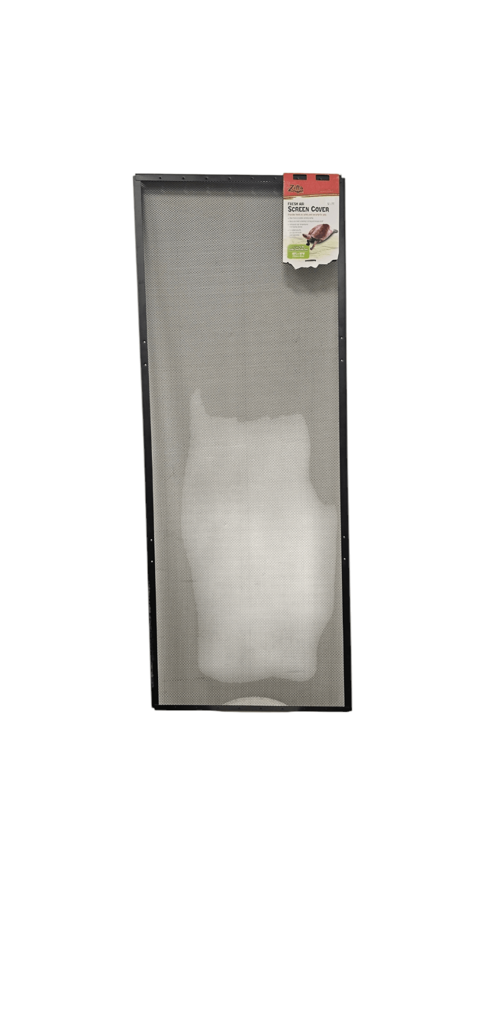 A Zilla - Screen Cover 48" X 18" 75G with a slightly tilted, damaged mesh section. It features a black frame and has a red and white label affixed to the top right corner.