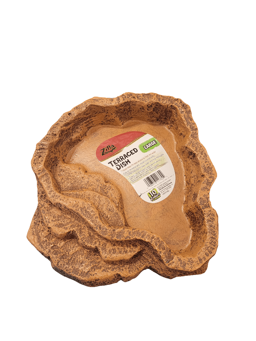 A terraced dish from the brand Zilla, large in size and featuring a brown, textured design, ideal for reptiles.