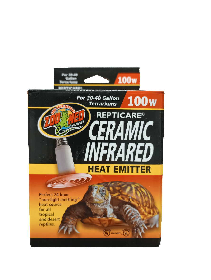 A box of Zoo Med 100W Ceramic Infrared Heat Emitter for 30-40 gallon terrariums features an image of a tortoise and describes the product as a non-light emitting heat source for reptiles.