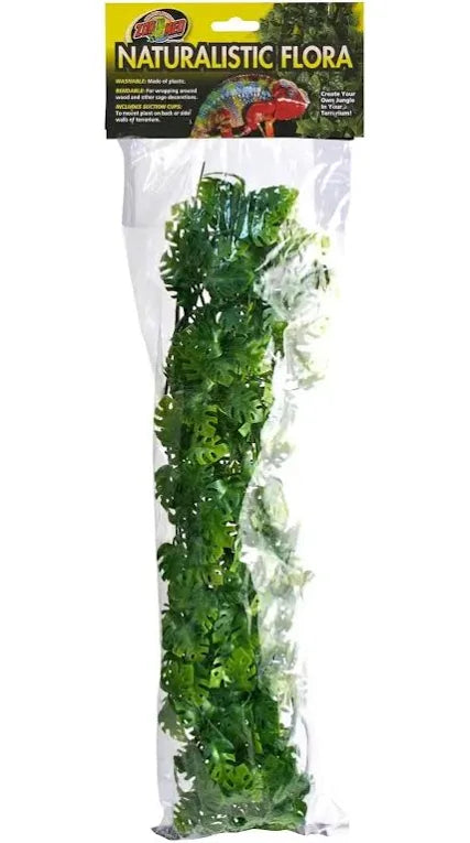 The Zoo Med - Amazonian Phyllo - Large package contains artificial foliage with green plastic leaves for aquarium or terrarium decor. The top showcases a vibrant illustration of plants and reptiles.