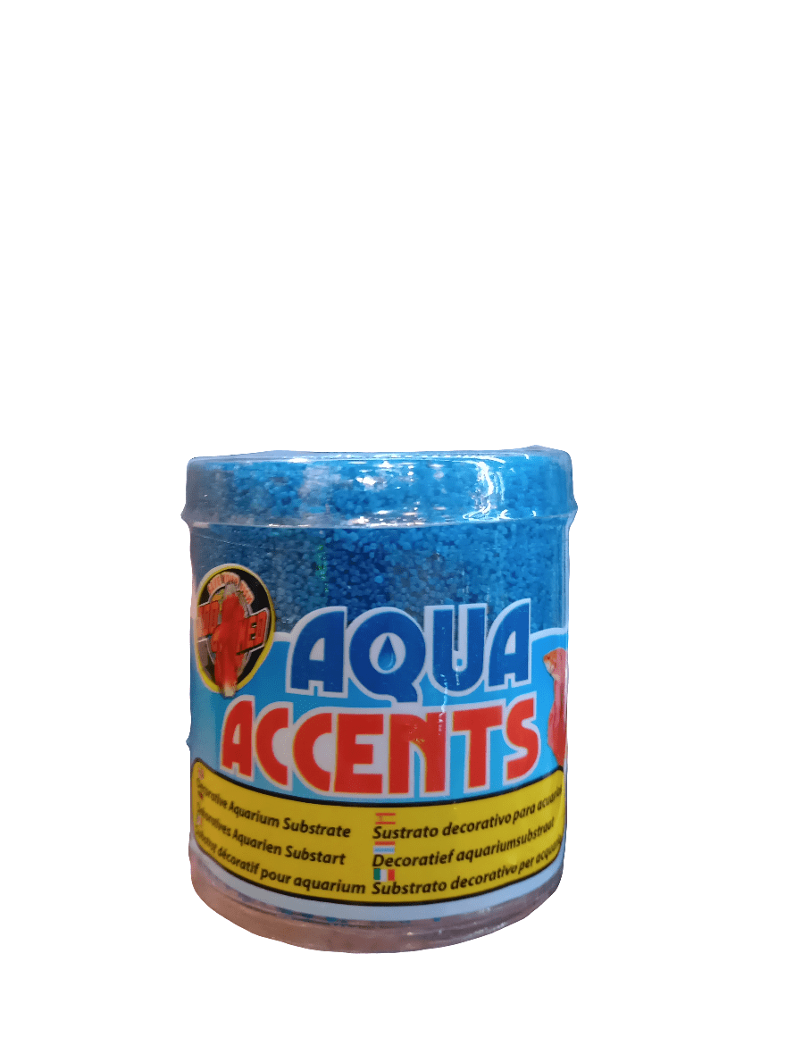 A jar of Zoo Med Aqua Accents Ballistic Blue Sand, featuring a lively label with vibrant images of fish and a blue lid. This epoxy-coated aquarium sand requires no rinsing, making it the perfect hassle-free addition to your tank.