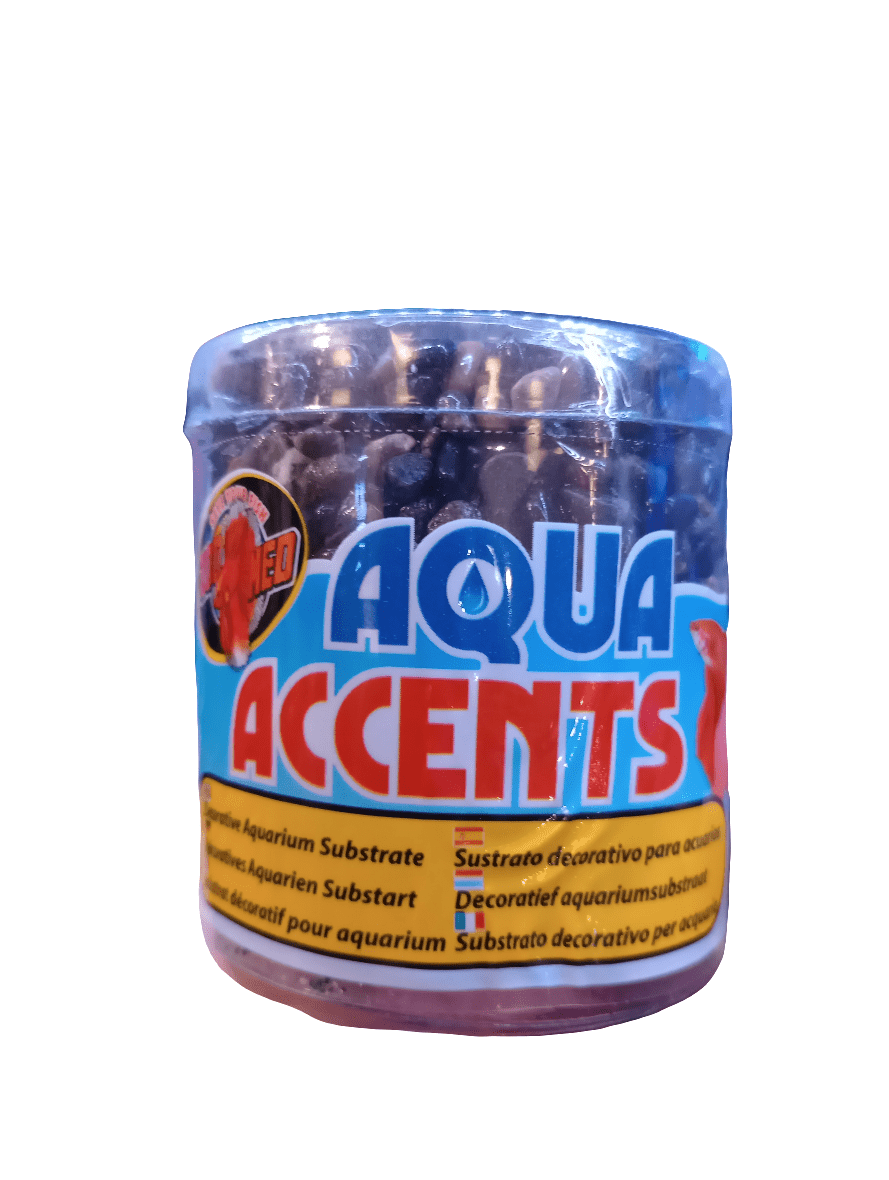 A package of Zoo Med Aqua Accents Dark River Pebbles, featuring a blue and yellow label with multilingual text and a fish graphic. These dark pebbles, safe for aquariums, resemble epoxy-coated aquarium gravel.