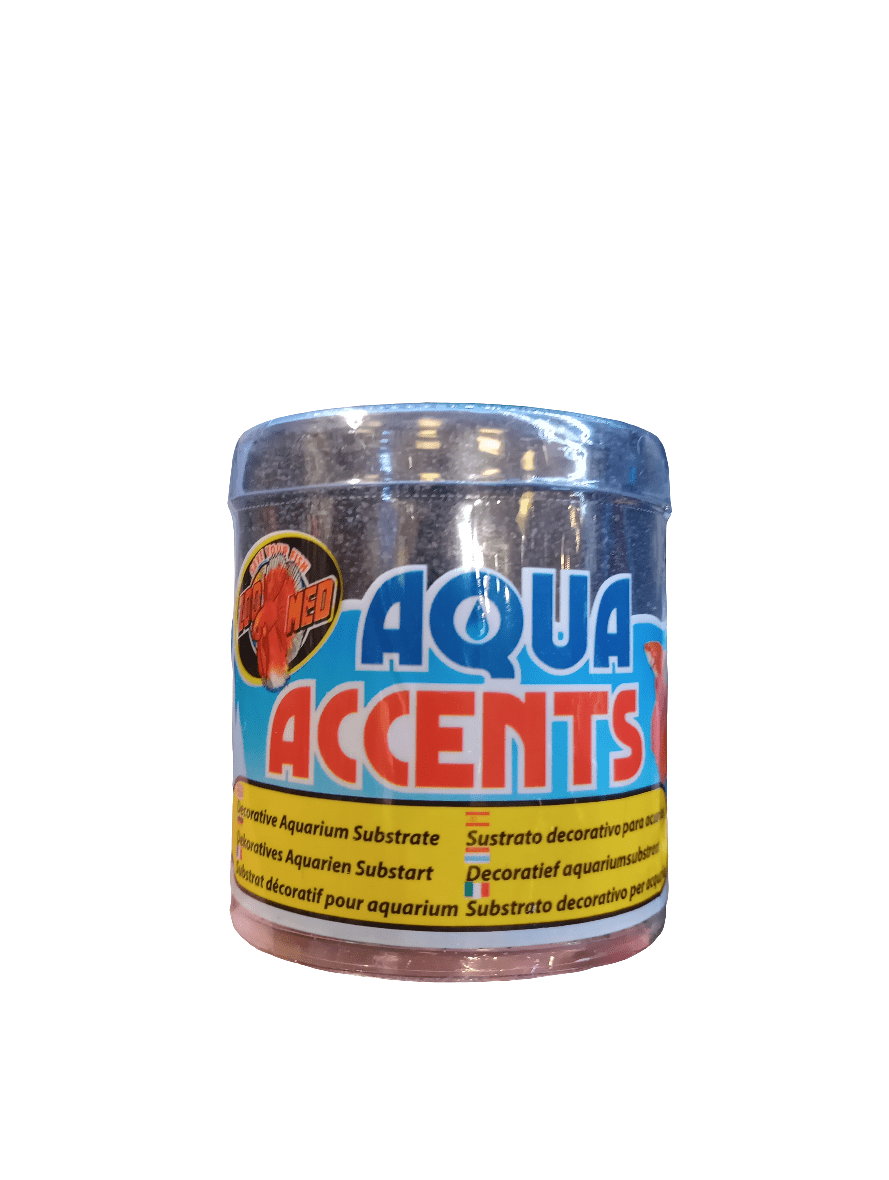 A metallic container of Zoo Med's Aqua Accents Midnight Black Sand, ideal for freshwater aquariums, showcases a colorful label with blue and red text in multiple languages.