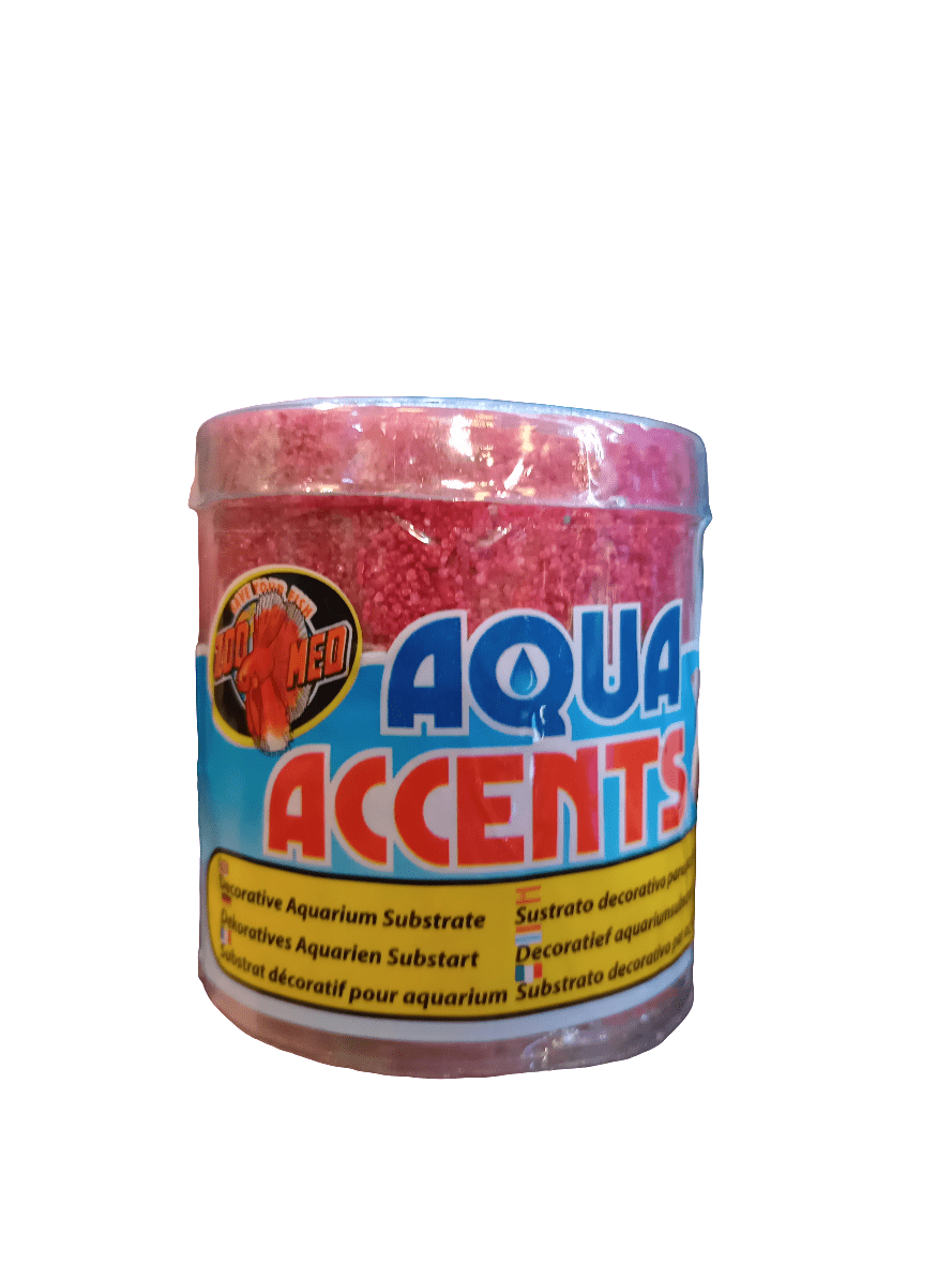 A container of Zoo Med - Aqua Accents Radical Red Sand featuring pink, epoxy-coated aquarium gravel. The colorful label, featuring blue and yellow text, showcases a logo with a red fish. Ideal for enhancing the appearance of both freshwater and marine aquariums.